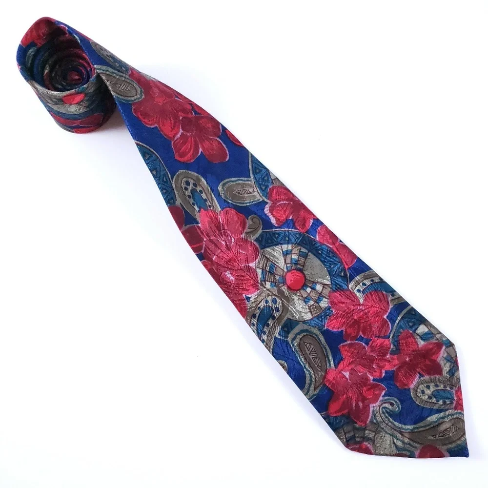 Adms & Eve Red Blue Floral Handmade Men Necktie 60x3.5 - NWOT